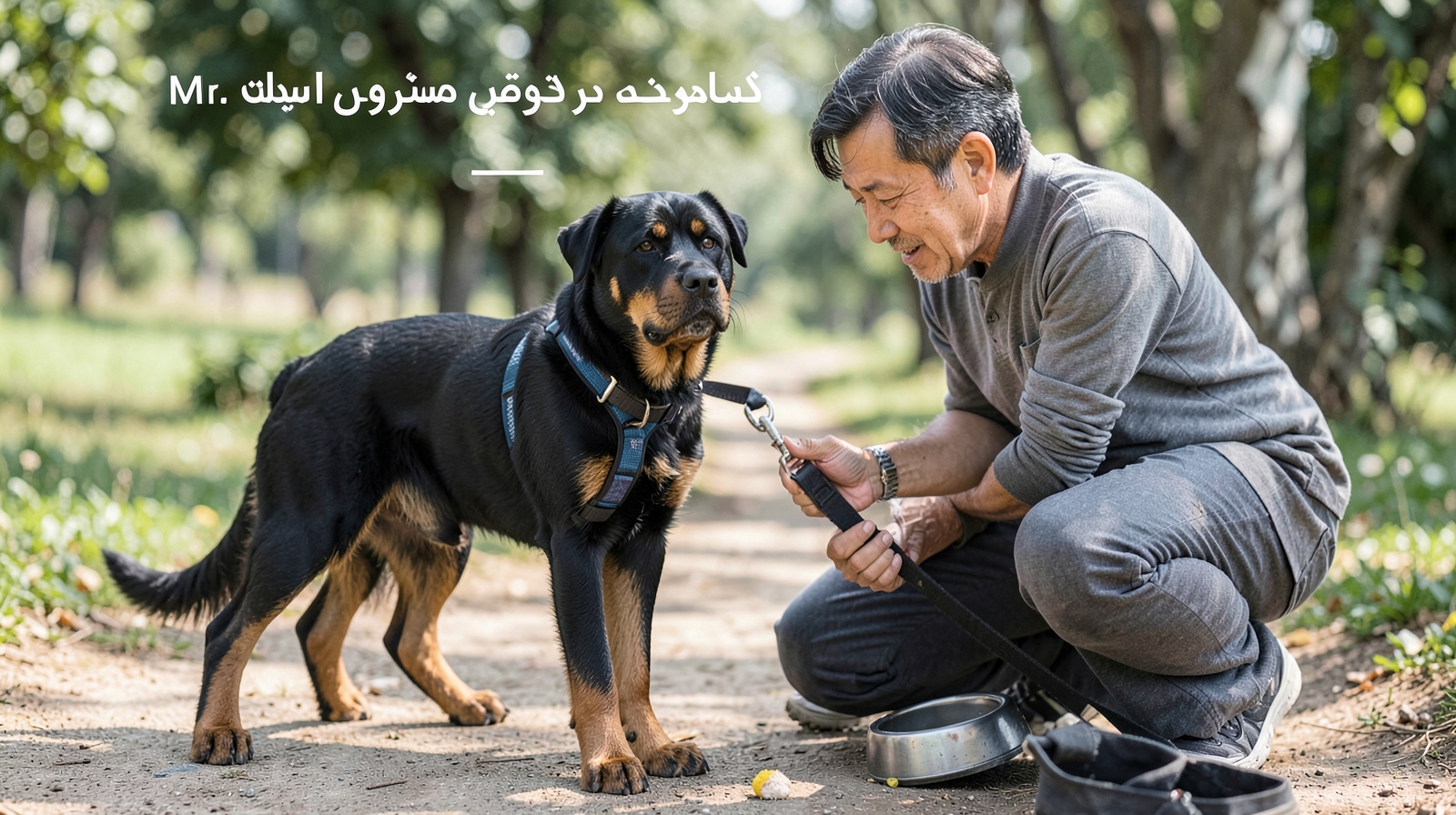 صاحب سگ و سگش در حال پیاده‌روی در طبیعت